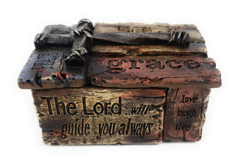 [Australia] - Rustic Trinket Jewelry Box with Inspirational Sayings, Realistic Faux Wood & Iron Cross 