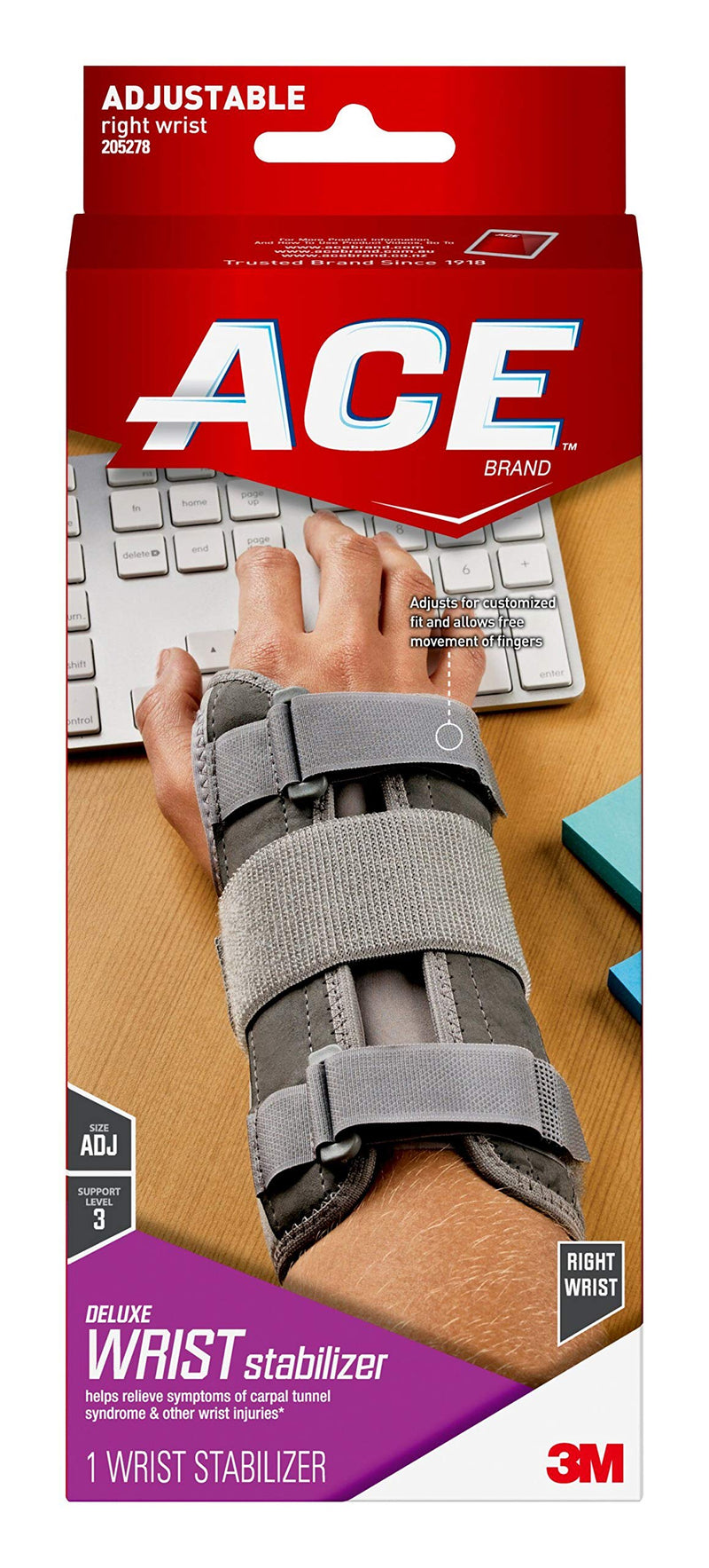 [Australia] - ACE Deluxe Wrist Stabilizer, Right Hand, Helps Relieve Symptoms of Carpal Tunnel Syndrome, Adjustable, Stabilizing, Firm Support 