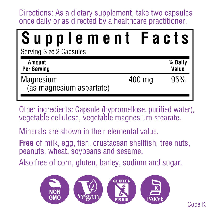 [Australia] - Bluebonnet Nutrition Magnesium Aspartate 400 mg, 200 Vegetarian Capsules 
