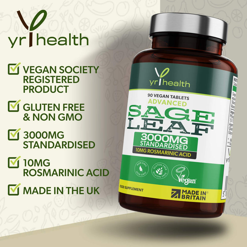 [Australia] - Sage Tablets 3000mg High Strength for Hot Flushes, Night Sweats and Menopause Symptoms - 90 Vegan Tablets not Capsules - Standardised 10mg Rosmarinic Acid - Made in The UK by YrHealth 