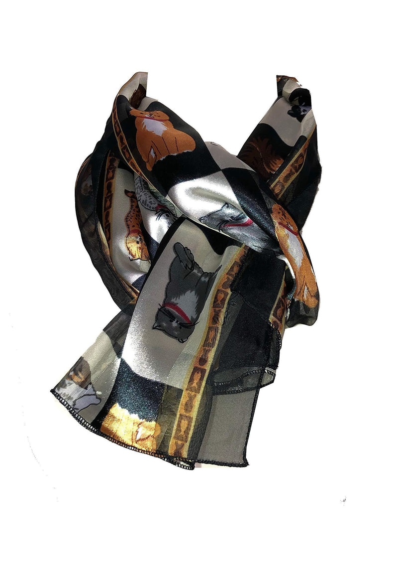 [Australia] - Pamper Yourself Now Ladies Shiny cat Scarf with a Square Design and Multi Coloured Cats. Great Present for Any cat Lovers. Black 