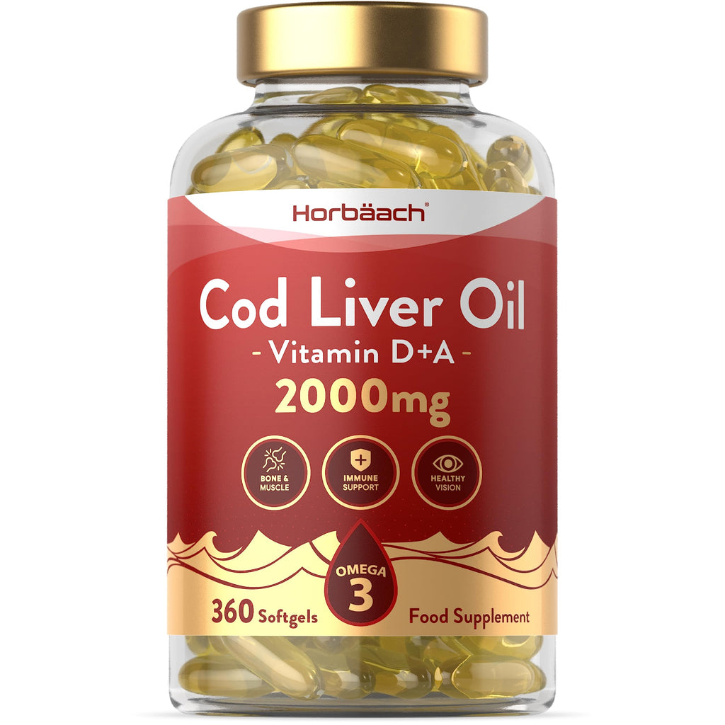 [Australia] - Cod Liver Oil Capsules | 2000mg | 360 Count | with High Strength Omega 3, Vitamin D and A | Bone and Muscle Support, Healthy Vision, and Immune Support | by Horbaach 