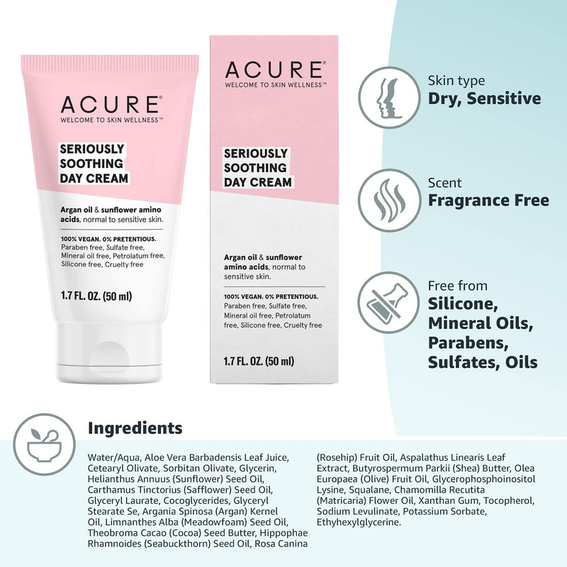 [Australia] - Acure Seriously Soothing Day Cream | 100% Vegan | For Dry to Sensitive Skin | Argan Oil, Sunflower Amino Acids & Chamomille - Nourishes & Soothes | 1.7 Fl Oz, Unscented 