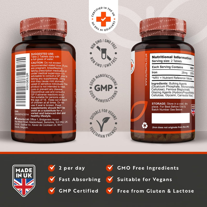 [Australia] - Iron Tablets 28mg – 180 Vegan Tablets (3 Month Supply of Iron Supplements) – Contributes to The Reduction of Tiredness and Fatigue – Suitable for Men and Women – Made in The UK by Nutravita 