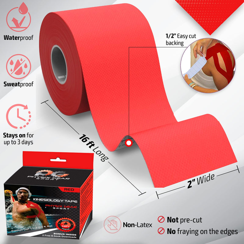 [Australia] - Physix Gear Kinesiology Tape Pro - Waterproof Physio Sports Tape for Pain & Injuries, Pregnancy, Muscle, Knee, Joint Support, Swelling, Strain Relief, Enhanced Blood Circulation (with E-Guide) Red (1 Pack + eGuide) 