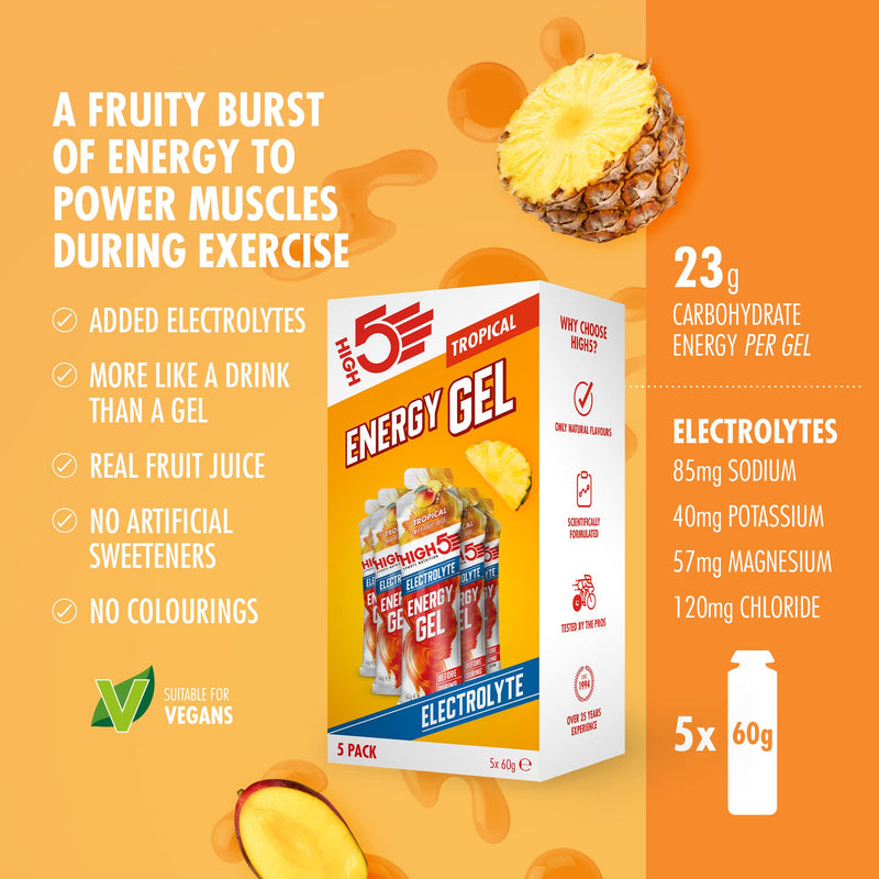 [Australia] - HIGH5 Energy Gel with Electrolytes | Quick Release Energy On The Go | 23 g Carbs | 57mg Magnesium | Great Taste | (Tropical, 5x60g) Tropical 5 x 60 g 