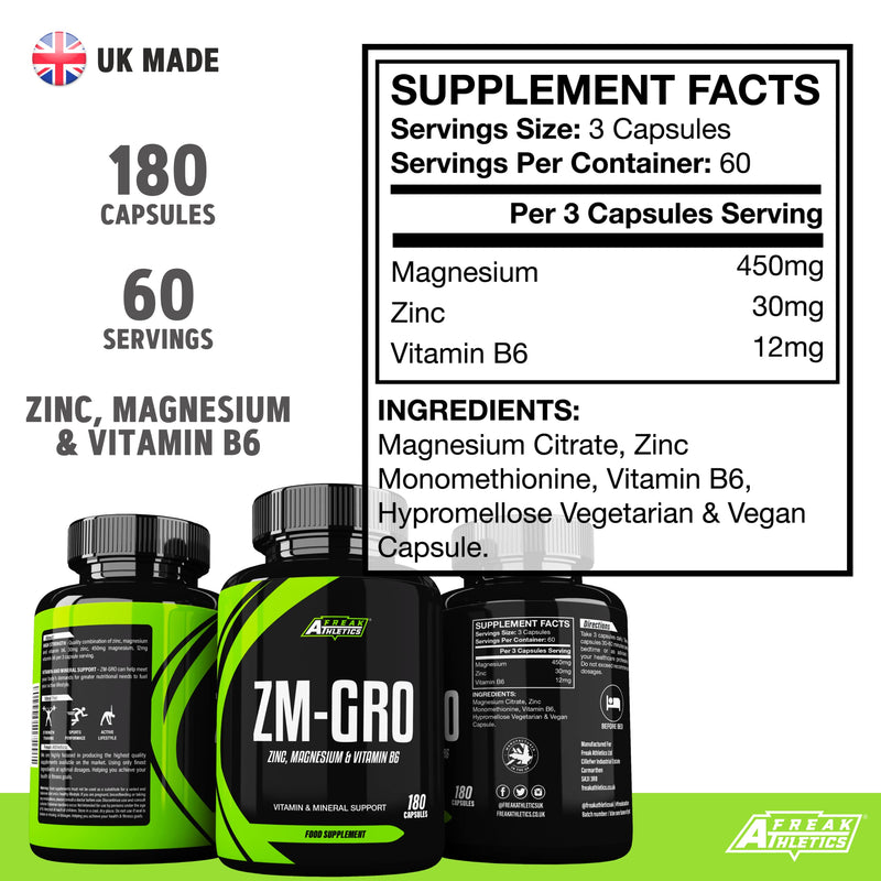 [Australia] - ZM-GRO - Zinc, Magnesium & Vitamin B6 ZMA 180 Capsules - Helps Support Testosterone - Promotes Muscle Strength, Recovery, Energy & Better Sleep - UK Made ZMA Tablets 