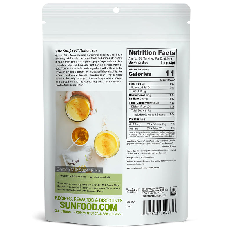 [Australia] - Sunfood Superfoods Golden Milk Super Blend - All Natural, Organic Ingredients | Ultra-Clean (No Chemicals, Artificial Flavor, Additives or Fillers) | Non-GMO, Gluten-Free, Vegan, Kosher | 6 oz Bag 