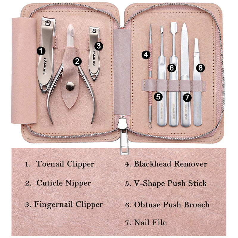 [Australia] - FAMILIFE Manicure Set, 8 in 1 Professional L13 Manicure Kit Nail Clipper Set Stainless Steel Pedicure Tools Kit Portable Grooming Kit with Pink Leather Travel Case for Women Girl Light Pink 