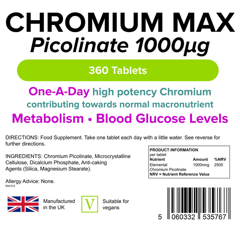 [Australia] - Lindens Chromium Max 1000mcg Picolinate - 360 Vegan Tablets | Normal Blood Sugar Levels, Metabolism | Mega Potency (2500% NRV) | 12 Months Supply, UK Manufacturer, Letterbox Friendly 