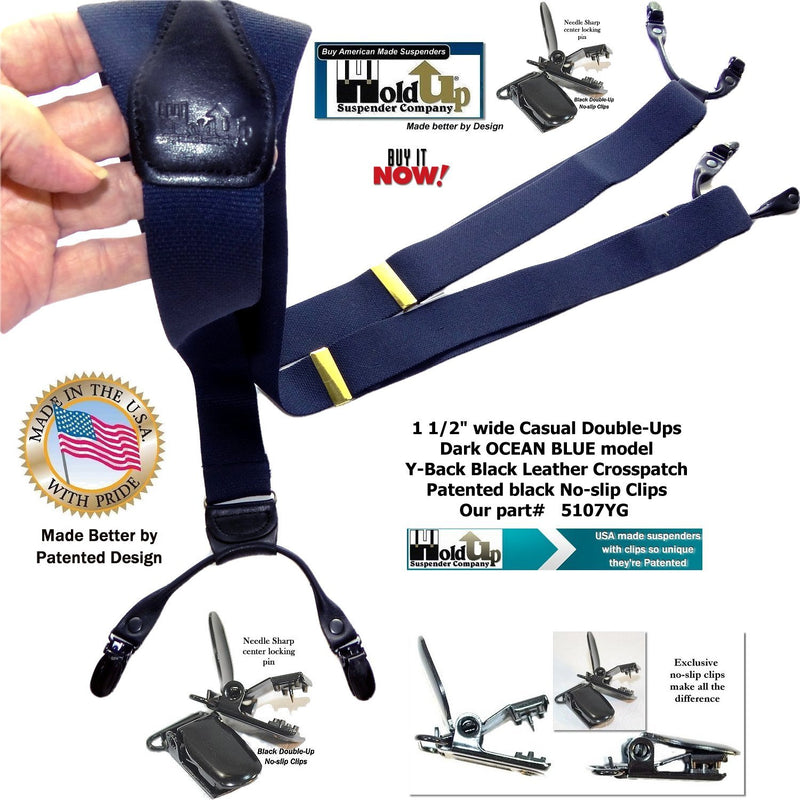 [Australia] - Holdup Brand USA made dark Ocean Blue Double-ups Style Suspenders with patented center pin No-slip Clips 