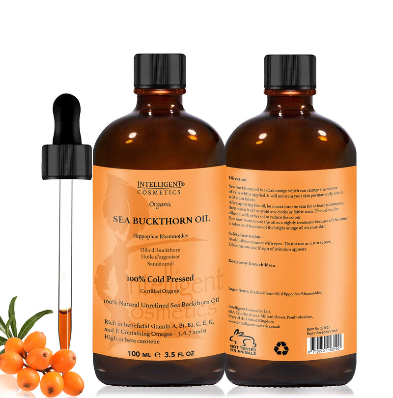 [Australia] - SEA BUCKTHORN OIL 100ML, 100% Cold Pressed Organic, Unrefined, Pure & Natural, Repairs Damaged Skin, Calms Irritated Skin, Heals Rosacea Supplied in Glass Amber Bottle with Pipette 