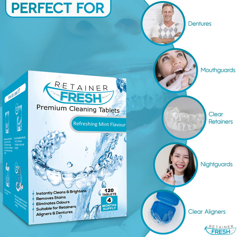 [Australia] - Retainer Cleaning Tablets - 120 Tablets 4 Months Supply Retainer Fresh, Brite, and Stain-Free - Retainer Cleaner Tablet, Invisalign, Mouth Guard, Dentures, Aligners 120 Count (Pack of 1) 