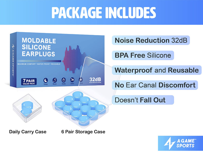 [Australia] - 7 Pairs Reusable Silicone Ear Plugs for Sleeping | Waterproof Swimming Plugs Noise Cancelling, 32dB NNR Noise Reduction, Sound Blocking Earplugs for Shooting Range, Concerts, Motorcycles, Snoring 
