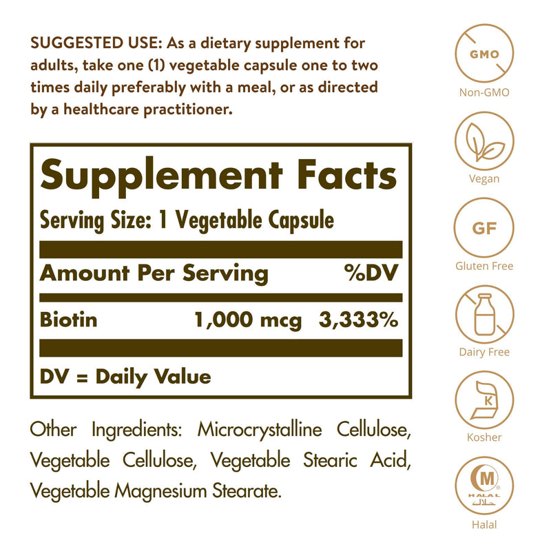 [Australia] - Solgar Biotin 1000 mcg, 250 Vegetable Capsules - Supports Healthy Skin, Nails & Hair - Energy Metabolism - Enhanced Potency - Non-GMO, Vegan, Gluten Free, Dairy Free, Kosher, Halal - 250 Servings 