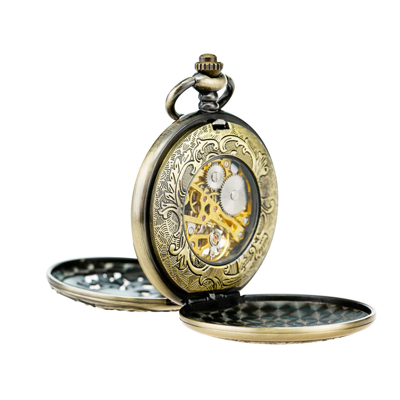 [Australia] - TREEWETO Mechanical Pocket Watch Dream Dragon Skeleton Half Hunter Double Open Silver/Bronze/Black Case Bronze 