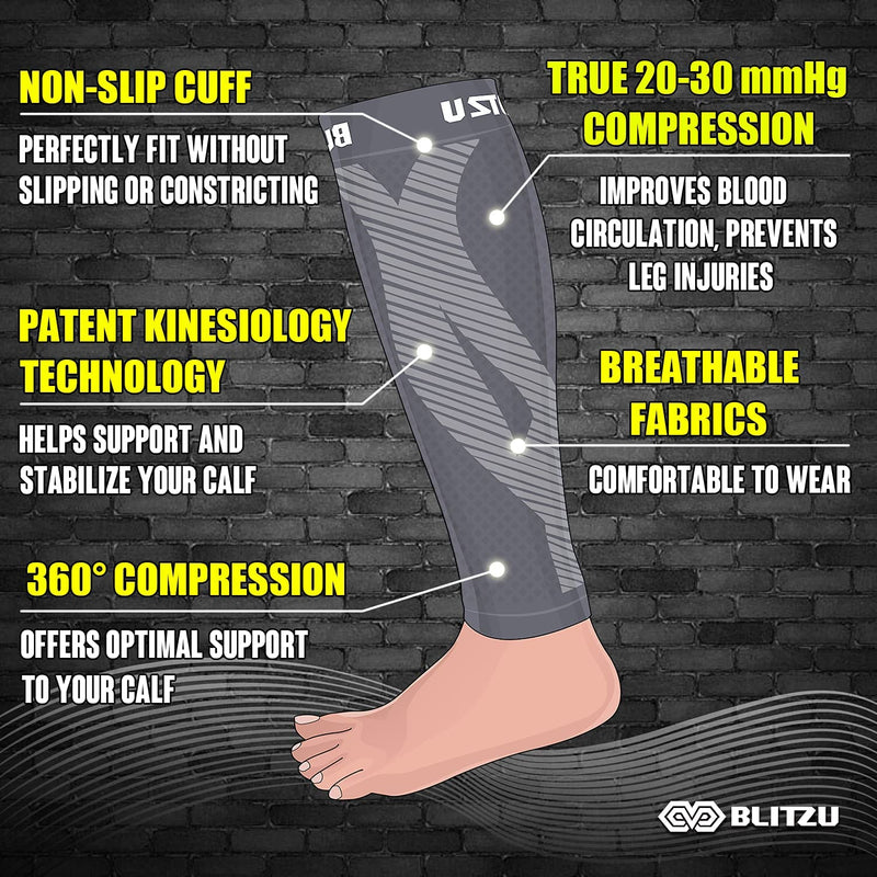 [Australia] - BLITZU 3 Pairs Calf Compression Sleeves for Women and Men Size XXL, One Grey, One Black, One Blue Calf Sleeve, Leg Compression Sleeve for Calf Pain and Shin Splints. Footless Compression Socks. 