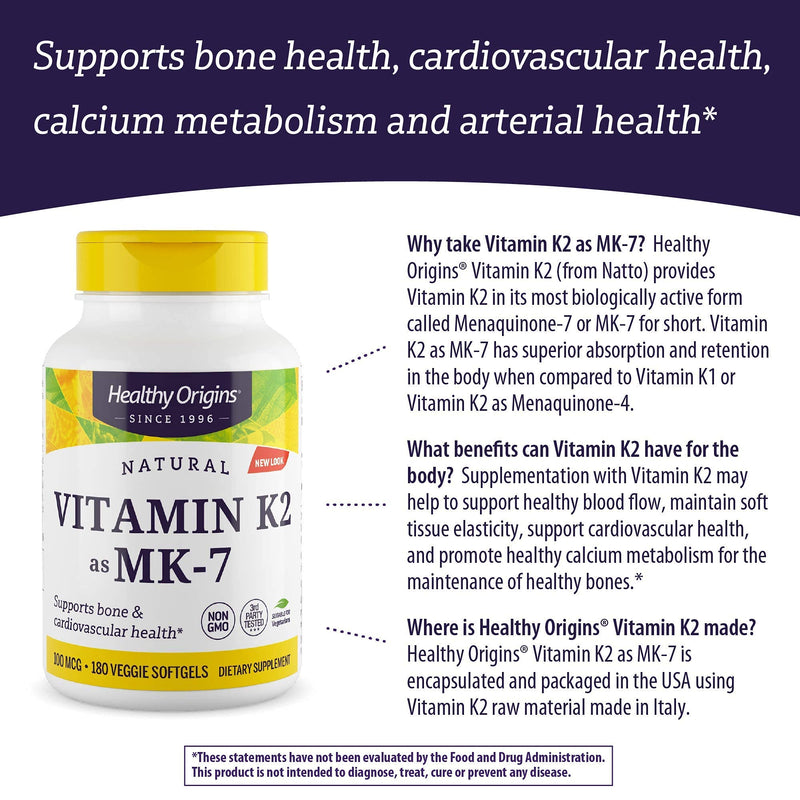 [Australia] - Healthy Origins Vitamin K2 As MK-7 Supplement, 100 mcg, 180 Count 180 Count (Pack of 1) 