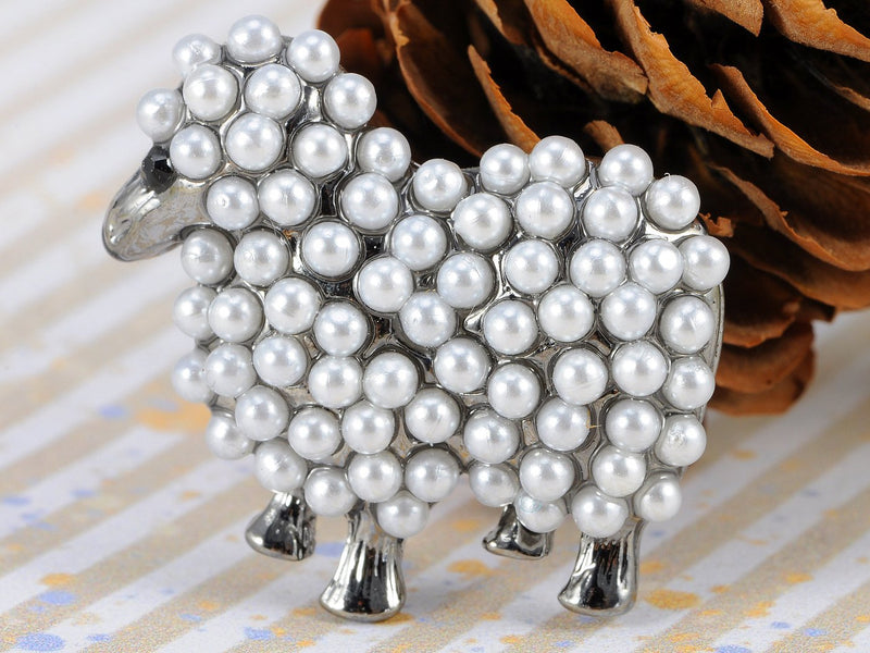 [Australia] - Alilang Gun Metal Tone Faux Pearl White Sheep Lamb Goat Brooch Pin 