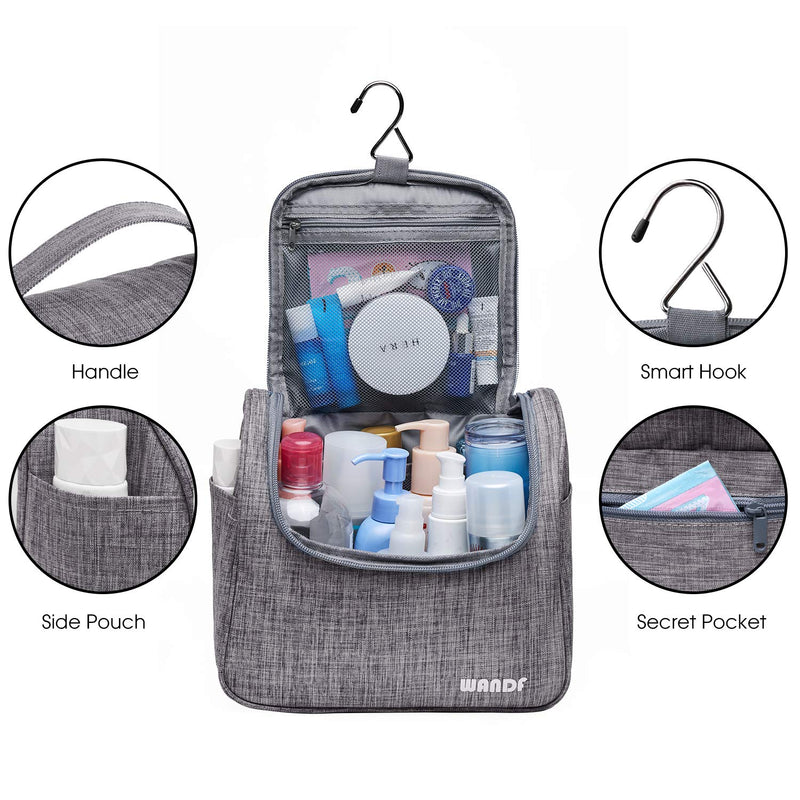 [Australia] - WANDF Hanging Toiletry Bag Travel Cosmetic Organizer Shower Bathroom Bag for Men Women Water-Resistant (M-Denim Grey) M-denim Grey 