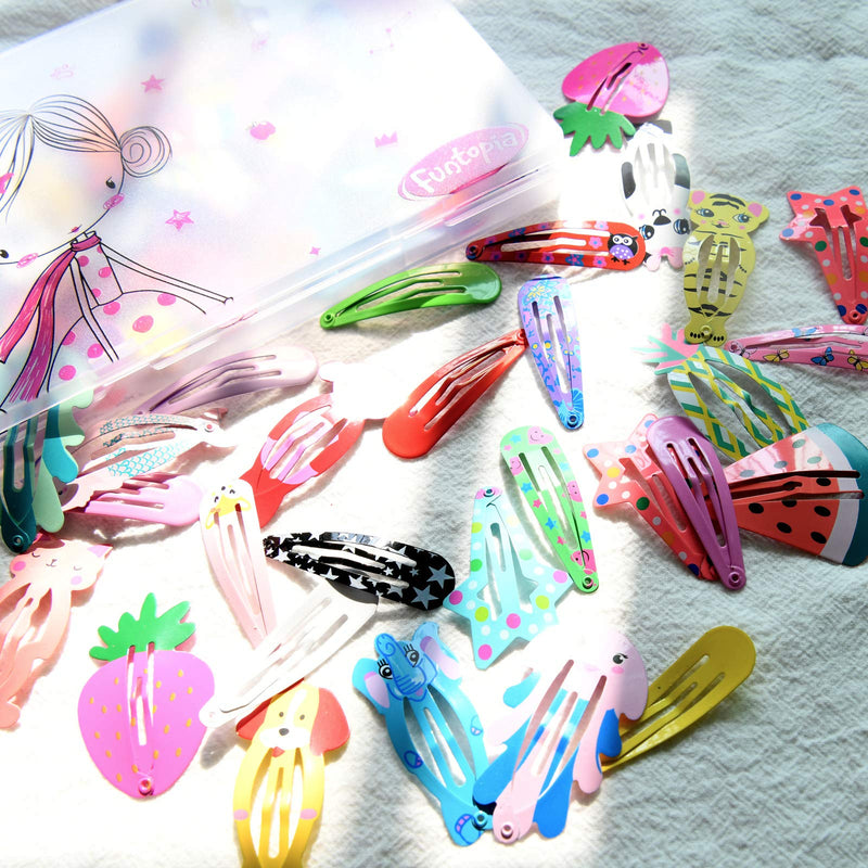 [Australia] - Hair Clips for Girls, Funtopia 100 Pcs No Slip Metal Snap Hair Clips Barrettes for Kids Teens Women, Cute Candy Color Cartoon Design Hair Pins (Animals Fruits Crowns Stars) 