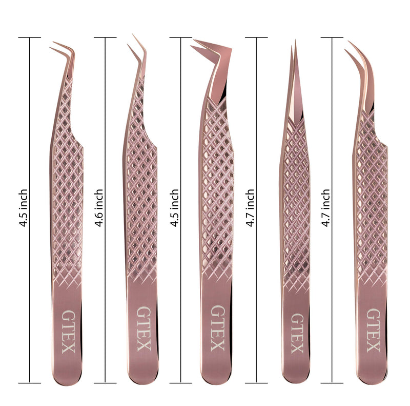 [Australia] - GTEX Lash Eyelash Extension Tweezers Set of 5, Japanese Stainless Steel Tools Straight Curved 45 90 Degree Angled Tip, Volume Tweezers Precision Rose Gold 