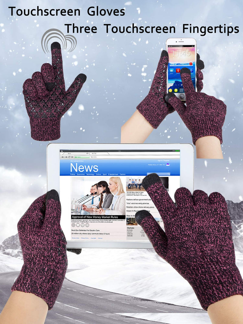 [Australia] - 4 Pairs Winter Knit Touchscreen Gloves Warm Texting Gloves Elastic Anti-slip Gloves for Adults Black, Black Red, Black Grey, Rose Red Medium 