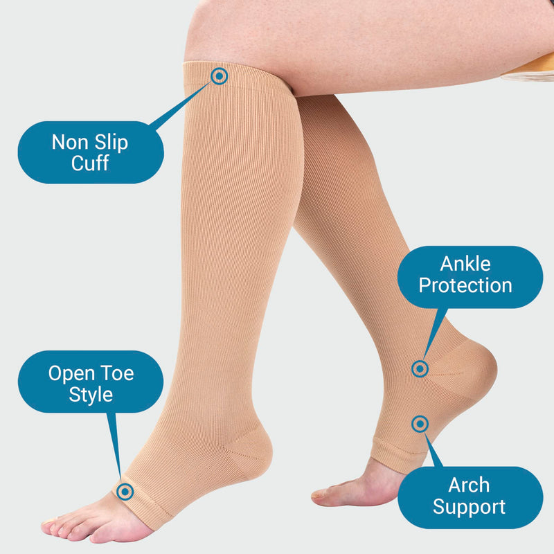 [Australia] - Open Toe Medical Compression Socks for Women & Men Flight Running Pregnancy Travel Work Varicose Veins S/M/L/XL/XXL (2 Pair) with Laundry Bag (Large - X Large) Large - X Large 