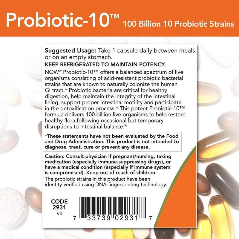 [Australia] - NOW Supplements, Probiotic-10™, 100 Billion, with 10 Probiotic Strains,Dairy, Soy and Gluten Free, Strain Verified, 30 Veg Capsules 