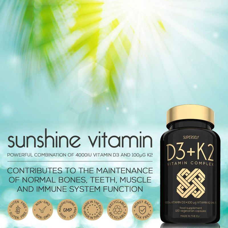 [Australia] - Vitamin D3 K2 Capsules - High Strength Vitamin D Tablets - 4000 IU Vitamin D & 100mcg Vitamin K MK7-120 Capsules - UK Made & Vegetarian - VIT D3 K2 Supplement for Strong Bones, Teeth, Immune System 