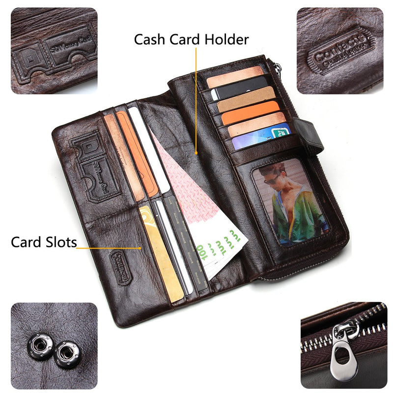 [Australia] - Contacts Men Genuine Leather Bifold Wallet Checkbook Organizer Card Case 12 Cards Dark Brown 