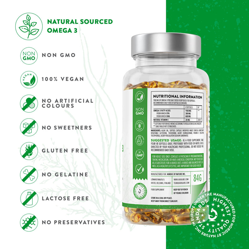 [Australia] - Premium Vegan Omega 3 High Strength [ 1100 mg ] - 600 mg DHA and 300 mg EPA per Daily dose of 4 Capsules- 120 Algae Omega 3 - with Vitamin E - from Sustainable Plant-Based Algae Oil - 1 Month Supply 