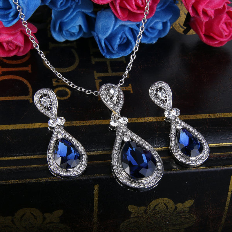 [Australia] - BriLove Women's Wedding Bridal Elegant Crystal Teardrop Pendant Necklace Dangle Earrings Set Navy Blue 