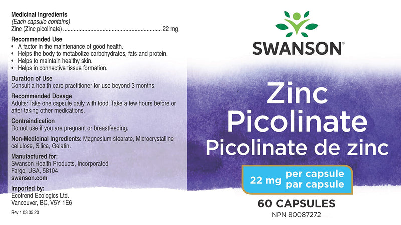 [Australia] - Swanson Zinc Picolinate - Mineral Supplement Promoting Prostate Health, Vision Health, & Immune Support - Body Preferred Form of Chelated Zinc - (60 Capsules, 22mg Each) 1 
