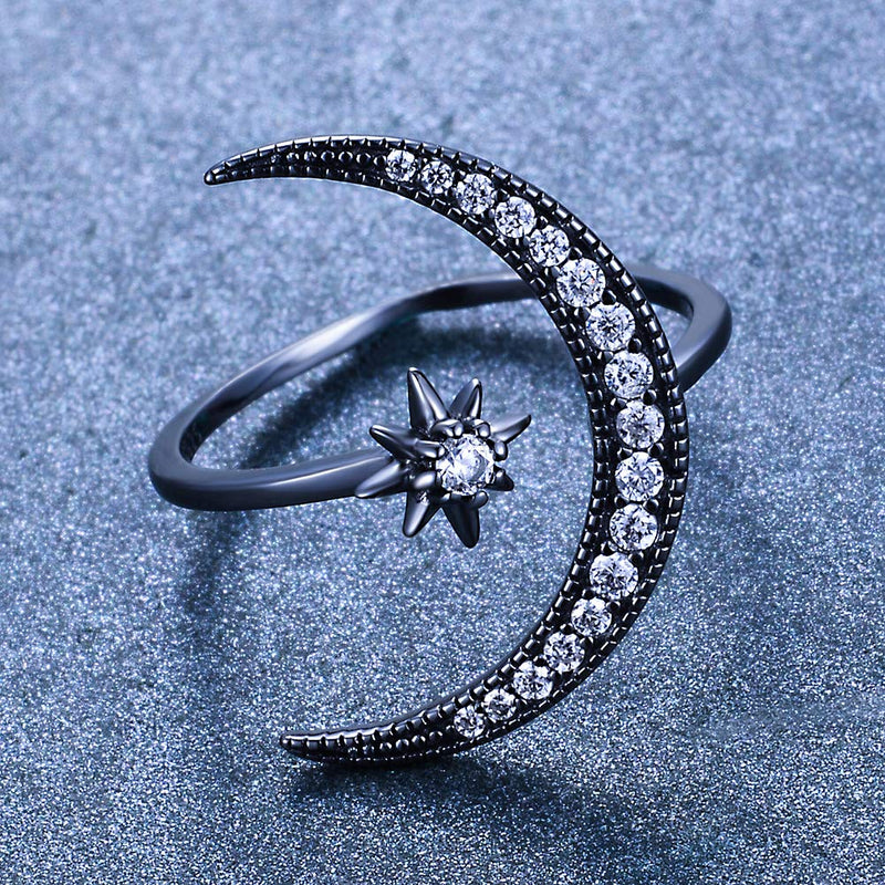 [Australia] - Angol Sterling Silver Crescent Moon Star Rings for Women Girls Adjustable Moon Ring 5A Cubic Zirconia Minimalist Ring Valentines Day Gift for Her with Box Black-white cz 6 