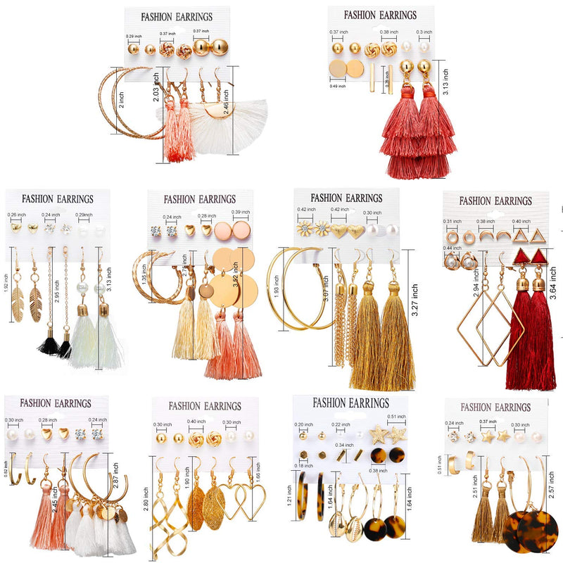 [Australia] - 63 Pairs Colorful Earrings with Tassel Earrings Layered Ball Dangle Hoop Stud Jacket Earrings for Women Girls Jewelry Fashion and Valentine Birthday Party Gift 