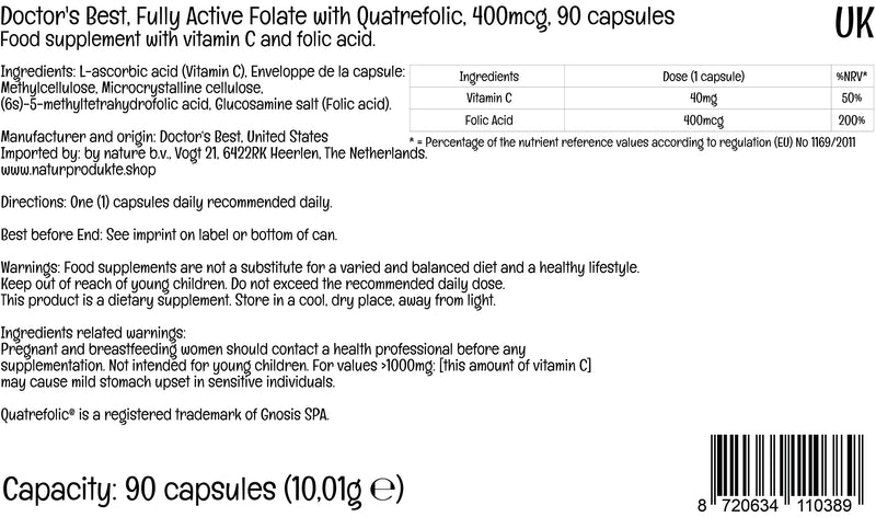 [Australia] - Doctor's Best, Fully Active Folate (Folic Acid), with Quatrefolic, 400 mcg, 90 Vegan Capsules, Vitamin C, Laboratory Tested, Highly Dosed, Gluten Free, SOYA Free, Non-GMO 