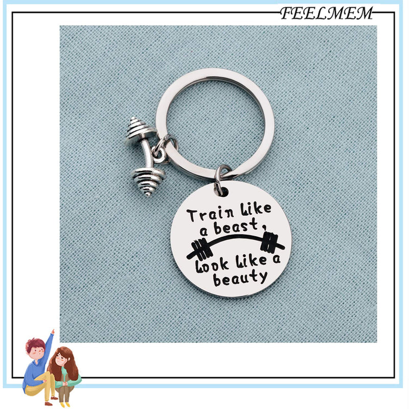 [Australia] - FEELMEM Workout Gift Fitness Gift Train Like a Beast Look Like a Beauty Sports Quotes Bodybuilding Keychain Gift for Bodybuilder Personal Trainer Silver 