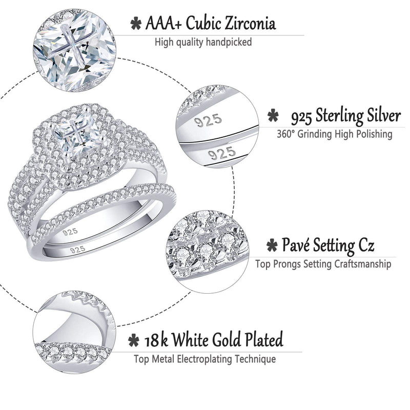 [Australia] - AHLOE JEWELRY 1.7Ct Sterling Silver Wedding Ring Sets for Women Princess Engagement Band 18k White Gold Square Cz Size 5-10 