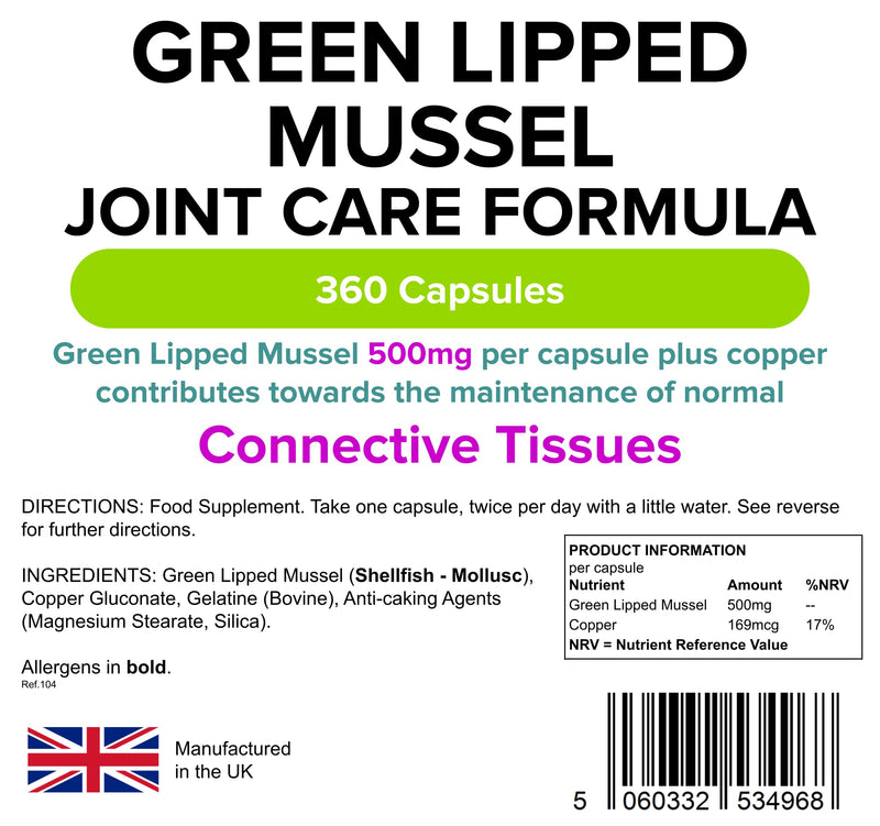 [Australia] - Lindens Green Lipped Mussel 500mg Capsules - 360 Pack - Joint Care Formula in Convenient, Rapid Release Capsules - UK Manufacturer, Letterbox Friendly Beige 