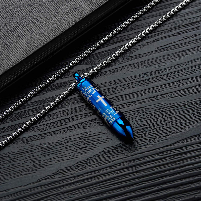 [Australia] - MONIYA Lords Prayer Cremation Urn Necklace for Ashes Stainless Steel Blue Bullet Pendant Cross Necklace, 21.65inch Chain 