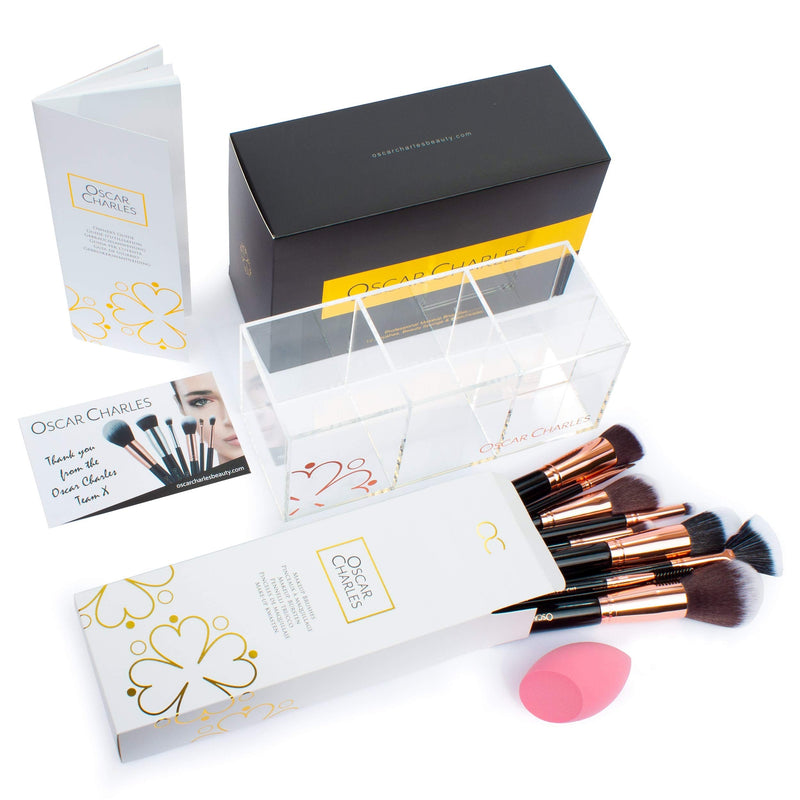 [Australia] - Oscar Charles Professional Makeup Brush Set with Beauty Sponge, Brush Holder and Product Guide - Rose Gold 
