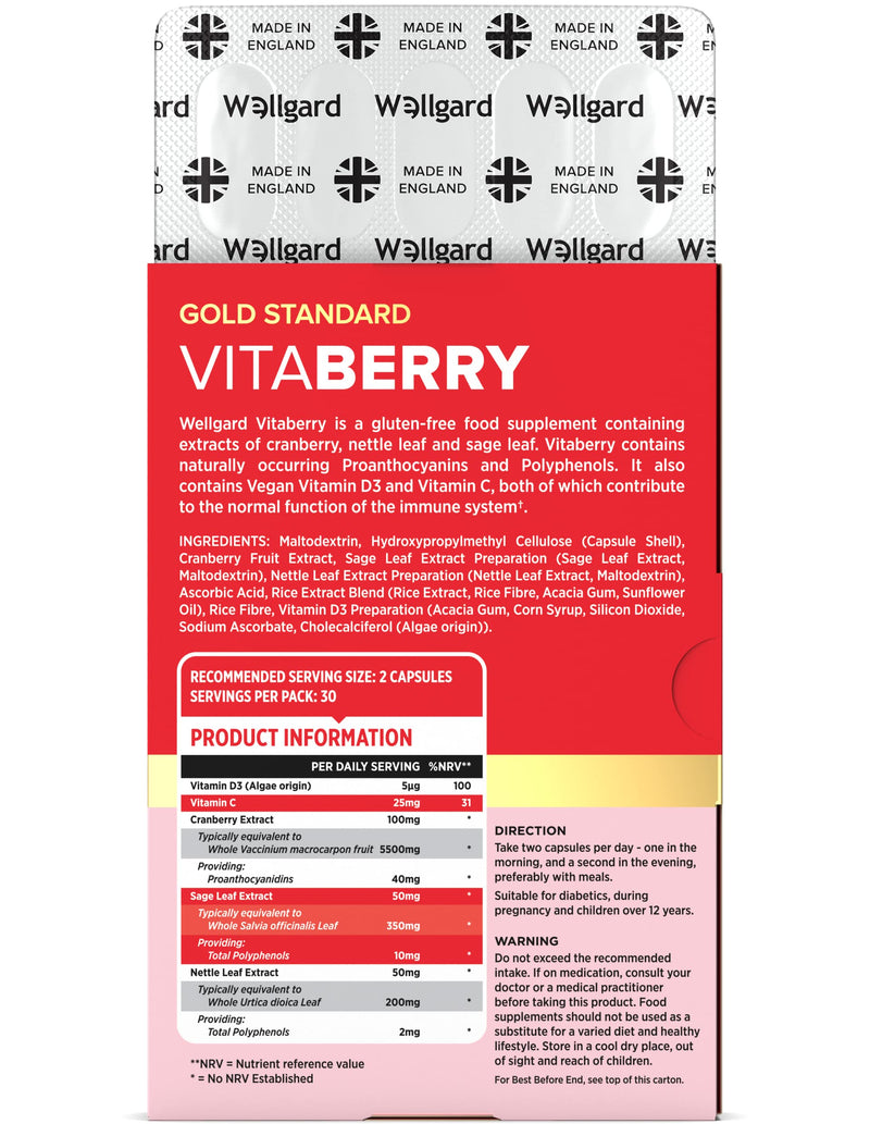 [Australia] - Vitaberry for Women's Urinary Tract by Wellgard - Proanthocyanidin-Rich Cranberry Capsules High Strength with Sage & Nettle Leaf, Vegan, Made in UK 