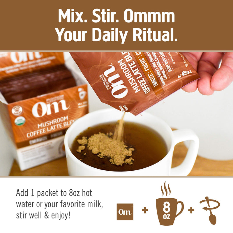 [Australia] - Om Mushroom Superfood Coffee Latte Blend Mushroom Powder, Single Serve, 10 Count, Lion's Mane, Cordyceps, Reishi, Chaga, Energy & Mental Clarity Support Supplement 10 Servings 