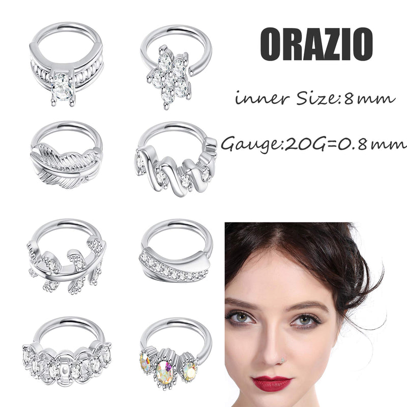 [Australia] - ORAZIO 8Pcs 20G Stainless Steel Nose Ring Hoop Paved CZ Leaf Cartilage Earring for Women Body Ear Piercing Hoop Ring for Nose Ear Cartilage A:Sliver Tone 