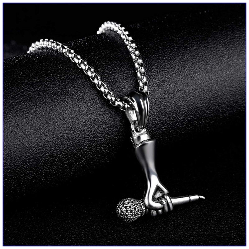 [Australia] - Fusamk Hip Hop Music Titanium Steel Microphone Tag Pendant 24" Chain Necklace Steel Hand Microphone 