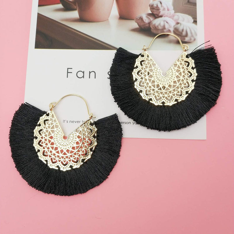 [Australia] - Tassel Hoop Earring, Statement Thread Dangle Earrings Stylish Long Fringe Drop Earrings Lightweight Long Swingy French Hook Earrings for Women Girls 0 Black 