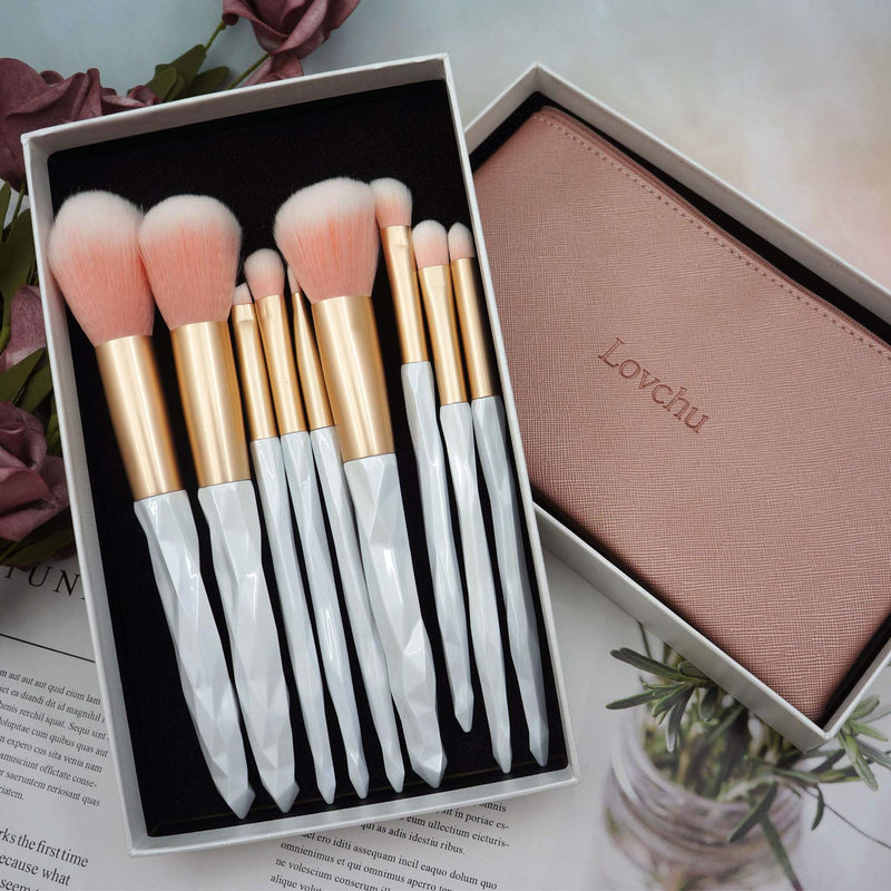 [Australia] - LOVCHU Special Polygon White Handle Design Makeup Brush Set 9 PCs Cosmetics Brushes with Soft Synthetic Hairs for Face Powder,Contour, Blush, Eyeshadow, Eyebrow, Concealer(with Gift Box) 