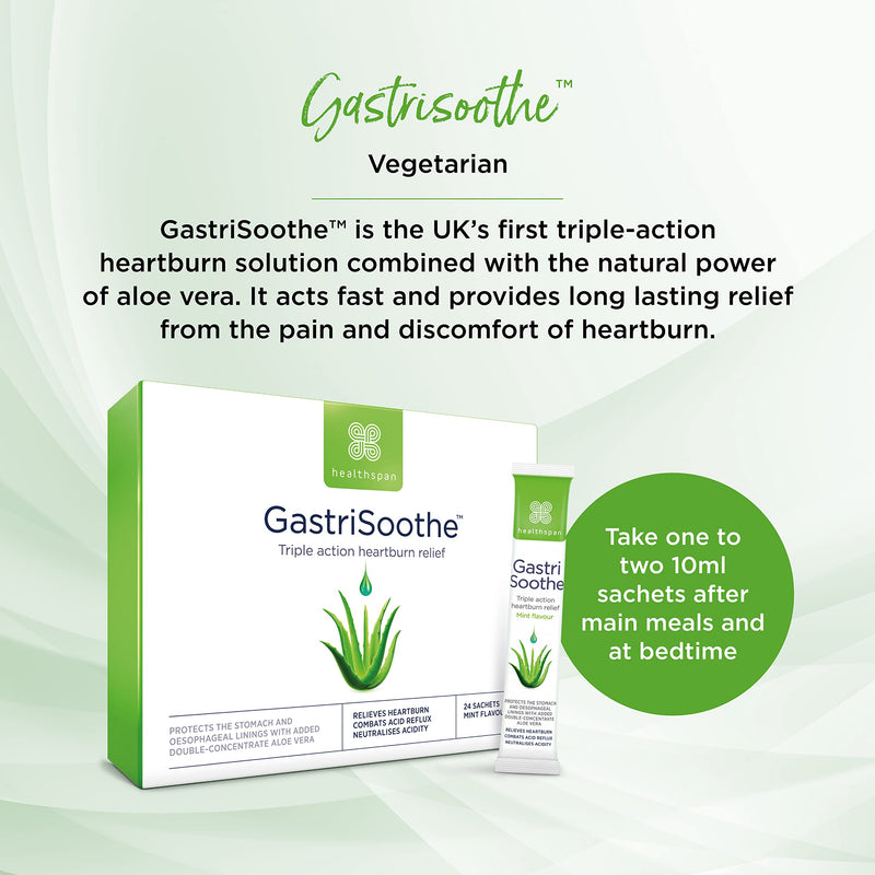[Australia] - Healthspan Gastrisoothe for Heartburn & Acid Reflux (24 Sachets) | Triple-Action Formula Soothes Stomach Lining, Fights Acid Reflux & Neutralises Acidity | Aloe Vera | Mint Flavour | Vegetarian 