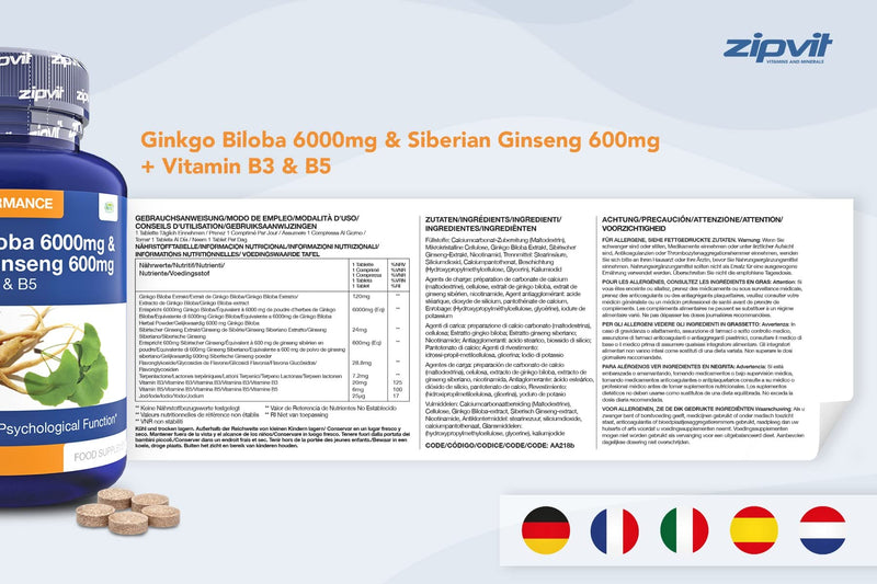 [Australia] - Ginkgo Biloba and Siberian Ginseng, Standardised Ginkgo 6000mg and Ginseng 600mg with Vitamins B3 and B5. 120 Vegan Tablets. 4 Months Supply. 